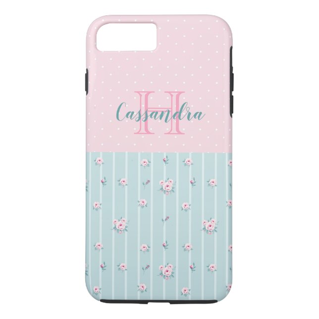 Pale Mint Green with Pink Flowers and Polka Dots  Case-Mate iPhone Case (Back)