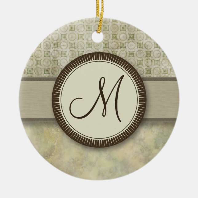 Pale Moss Coin Pattern with Monogram Ceramic Tree Decoration (Front)