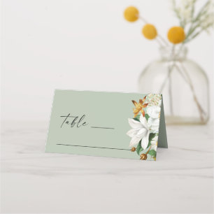 Pale Moss Green Botanical Wedding   White Florals Place Card