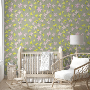 Pale Olive Khaki Sage Beige Yellow Pink Floral Nur Wallpaper