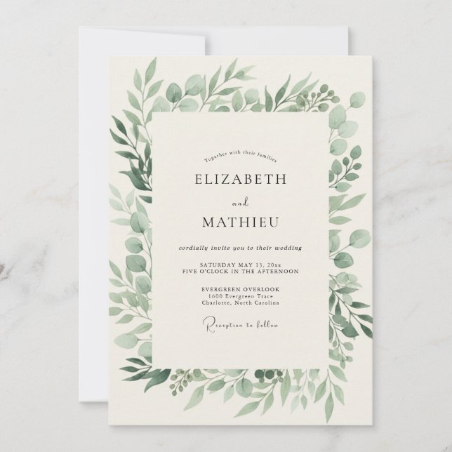 Pale Olive Leaf Wedding Invitation (Front)