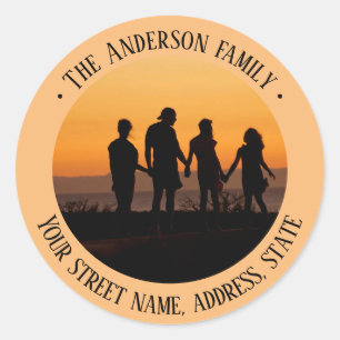 Pale orange Family customisable address and photo  Classic Round Sticker