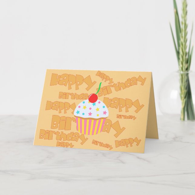 Pale Orange Happy Birthday with Cupcake Card (Front)