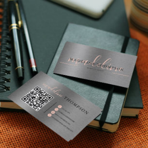 Pale Orange Metallic Brush Steel Script QR code Business Card