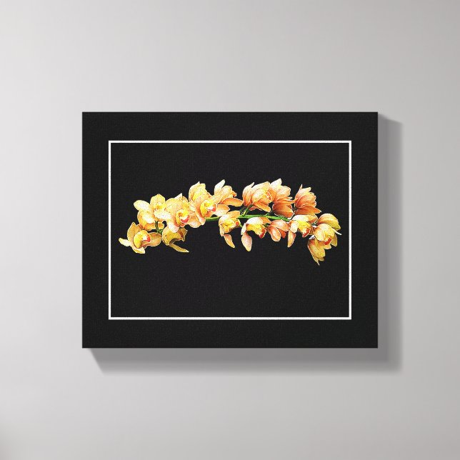 Pale Orange Yellow Orchids Black Background Canvas Print (Front)
