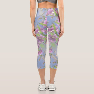 Pale Pastel Blue Sky Wild Flowers Purple Pink Capri Leggings