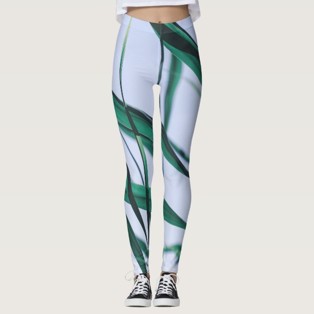 Pale Pastel Green Grass Reeds Sky Leggings (Front)