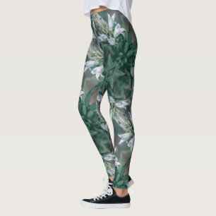 Pale Pastel Green White Wild Meadow Flowers Leggings