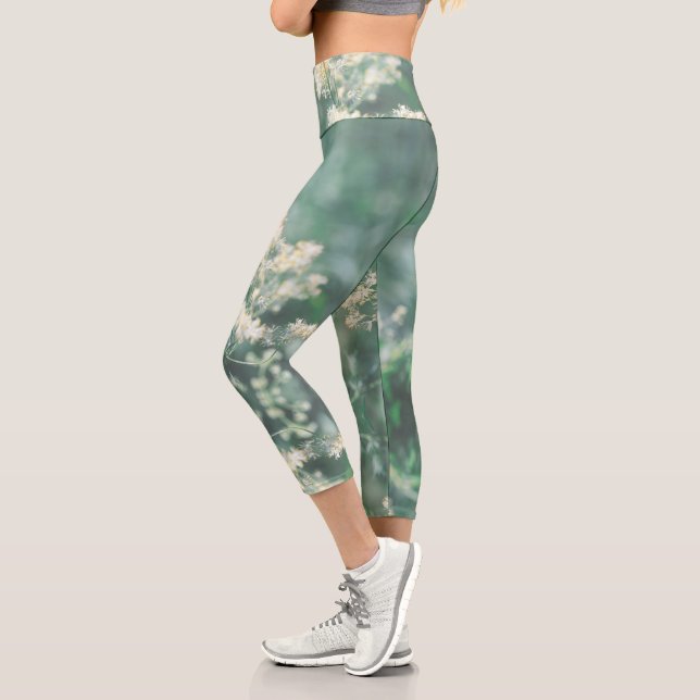 Pale Pastel Green Yellow Wild Meadow Flowers Capri Leggings (Left)