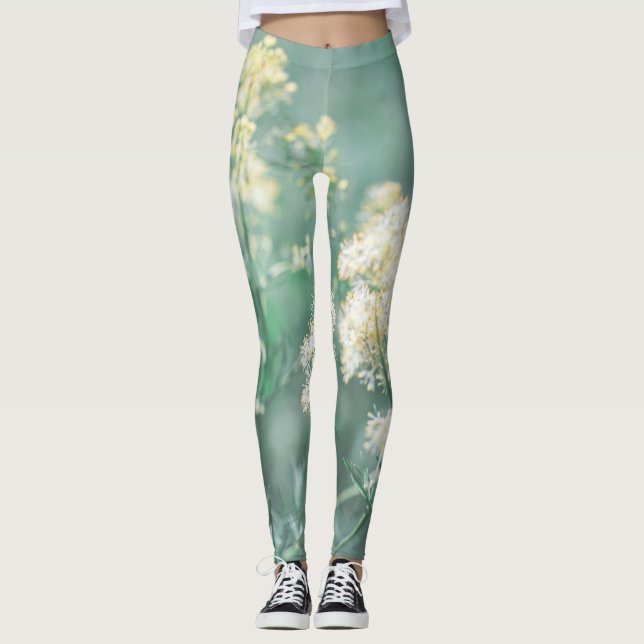 Pale Pastel Green Yellow Wild Meadow Flowers Leggings (Front)