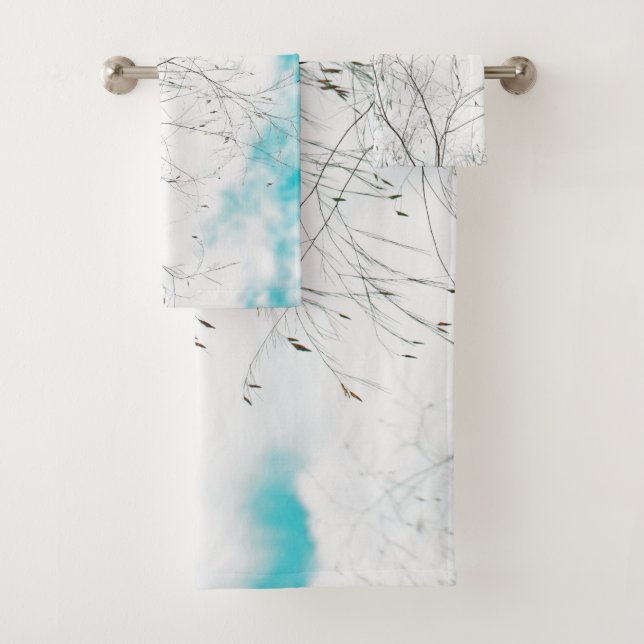 Pale Pastel Light Blue Turquoise Tree Brunches Sky Bath Towel Set (Insitu)