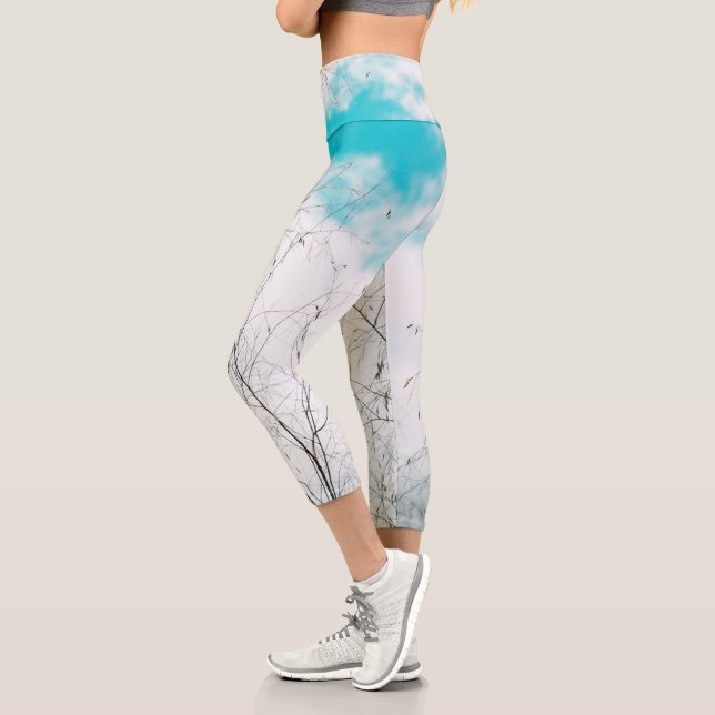 Pale Pastel Light Blue Turquoise Tree Brunches Sky Capri Leggings (Left)