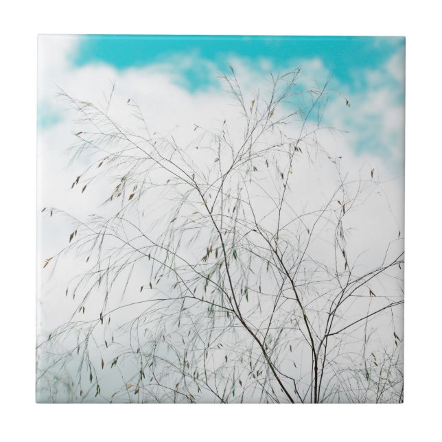 Pale Pastel Light Blue Turquoise Tree Brunches Sky Tile (Front)