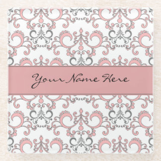 Pale Pastel Pink and Grey Arabesque on White Glass Coaster