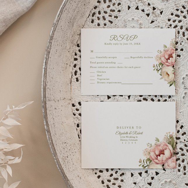Pale Peach and Dusty Rose Floral Wedding RSVP Card (Pale Peach and Dusty Rose Floral Wedding RSVP Card on boho lux wedding table.)