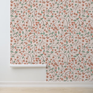 Pale Peach Floral Berries and Vines Boho Botanical Wallpaper