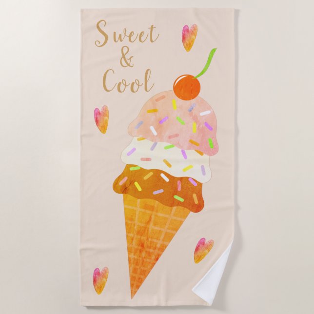 Pale Peach Ice Cream Cone with Sprinkles Beach Towel (Front)