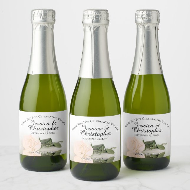 Pale Peach Rose Classy Wedding Thank You Mini Sparkling Wine Label (Bottles)