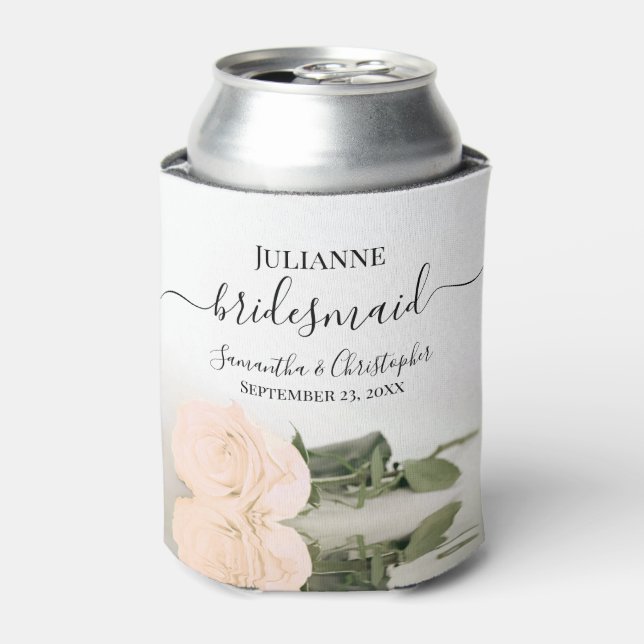 Pale Peach Rose Elegant Bridesmaid Wedding Can Cooler (Can Front)