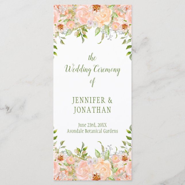 Pale Peach Roses and Greenery Wedding Program Programme (Front)
