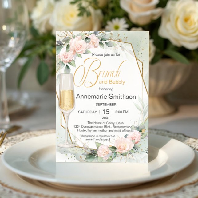 Pale Peachy Pink Flowers Brunch and Bubbly Shower Invitation (Creator Uploaded)