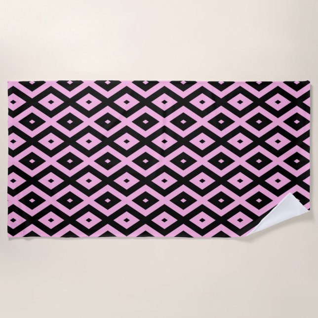 Pale pink and black diamond pattern beach towel (Front)