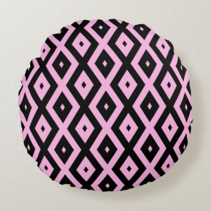 Pale pink and black diamond pattern round cushion