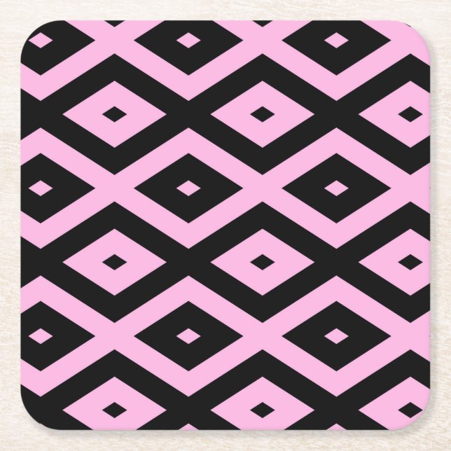 Pale pink and black diamond pattern square paper coaster (Front)