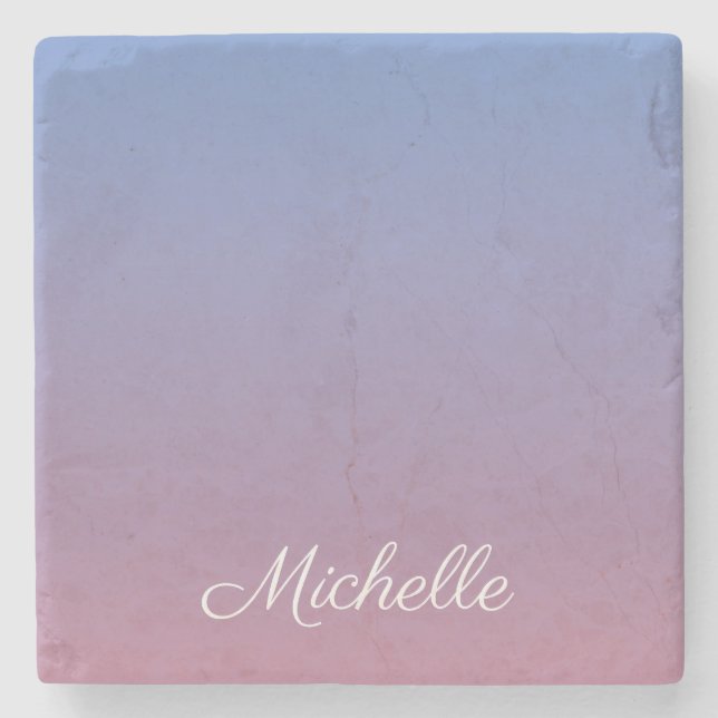 Pale pink and blue gradient ombre stone coaster (Front)