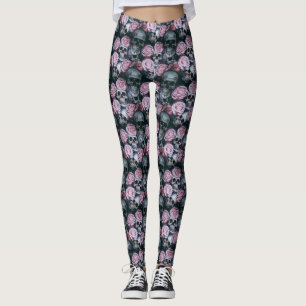 Pale Pink and Purple Roses and Skulls Leggings