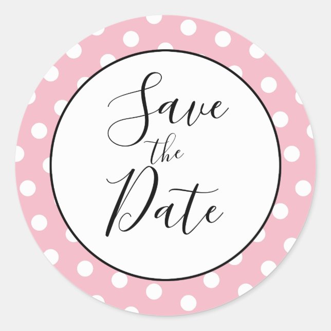 Pale Pink and White Polka Dot Save the Date Classic Round Sticker (Front)