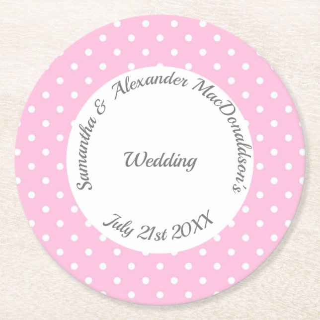 Pale pink and white polkadot wedding round paper coaster (Front)