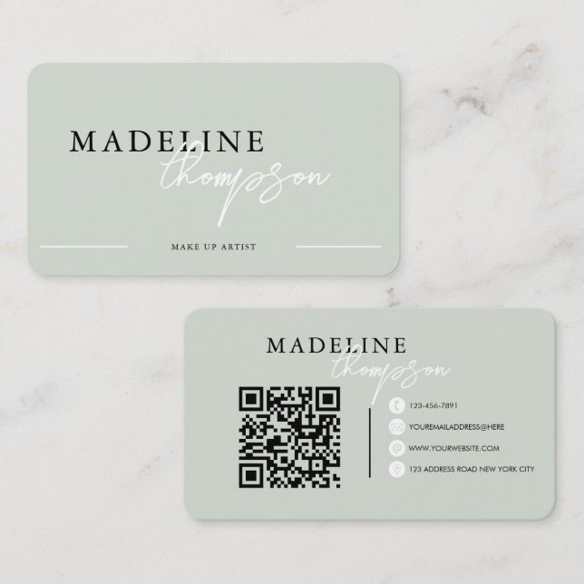 Pale Pink Beige Calligraphy Script QR code Business Card (Front/Back)