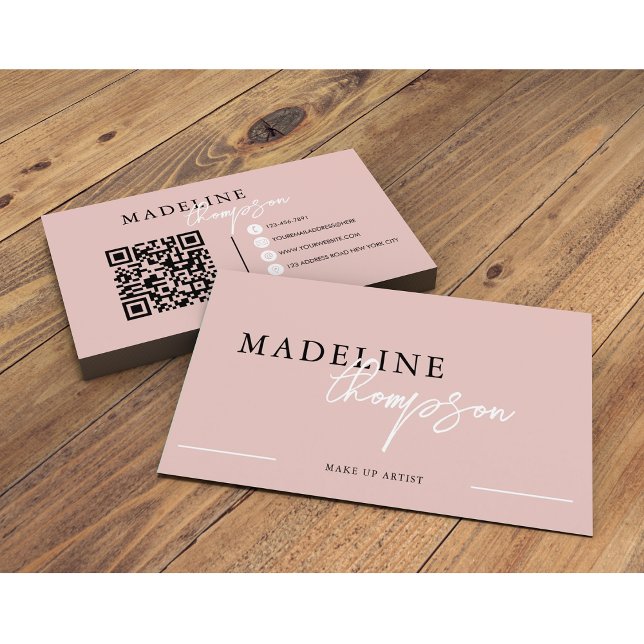 Pale Pink Beige Calligraphy Script QR code Business Card (Creator Uploaded)