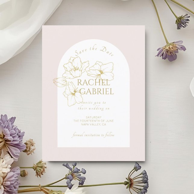 Pale Pink | Boho Arch Gold Floral Wedding  Save The Date (Creator Uploaded)