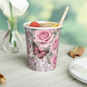 Pale Pink Butterflies and Roses Floral Paper Cups