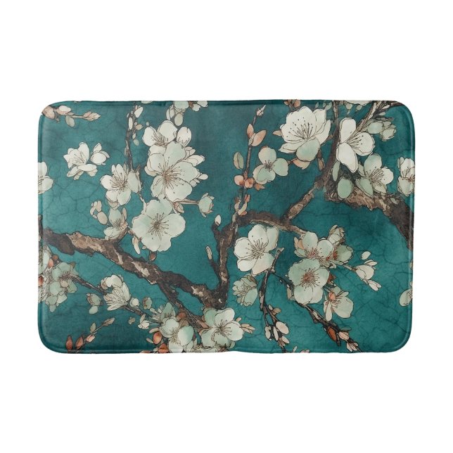 Pale Pink Cherry Blossoms on Aqua Teal Background Bath Mat (Front)