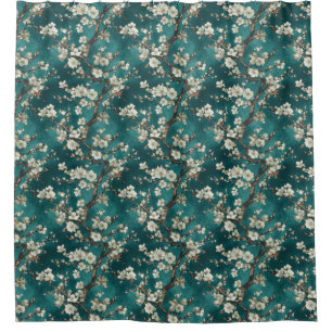 Pale Pink Cherry Blossoms on Aqua Teal Background Shower Curtain