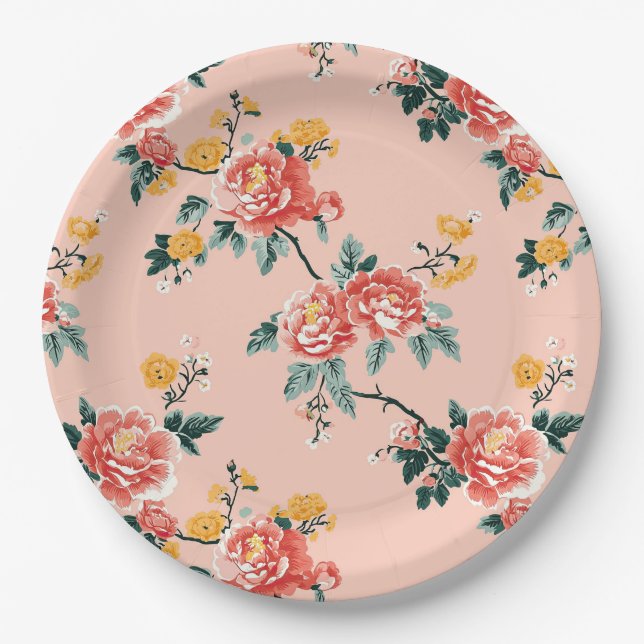 Pale Pink Chinoiserie Floral Paper Plate (Front)
