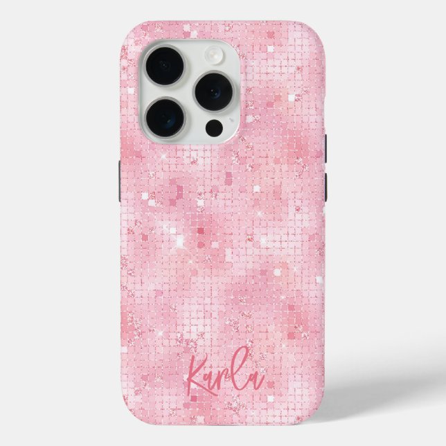 Pale pink disco mirrors glitter | custom monogram Case-Mate iPhone case (Back)