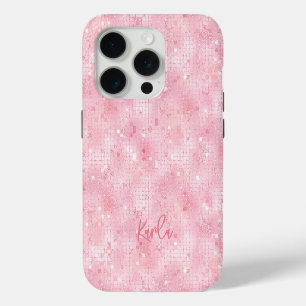 Pale pink disco mirrors glitter custom monogram iPhone 15 pro case