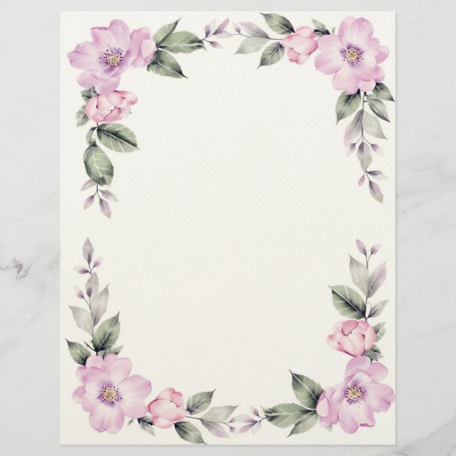 Pale Pink Floral Border Stationery Paper Custom Letterhead (Front)