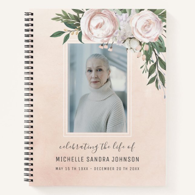 Pale Pink Floral Photo Woman Memorial  Guest Book (Front)