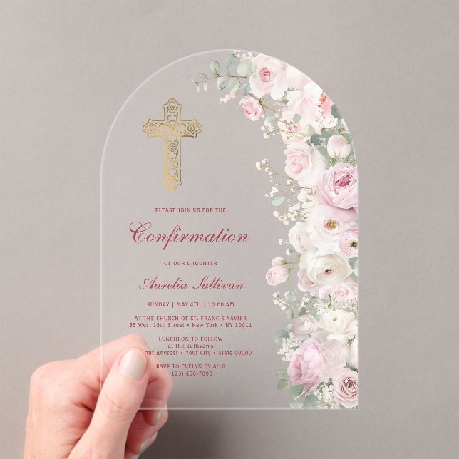 Pale Pink Flowers Arch Confirmation Acrylic Invitations (Insitu (Handheld))