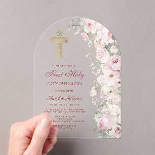 Pale Pink Flowers Arch First Communion Clear Acrylic Invitations