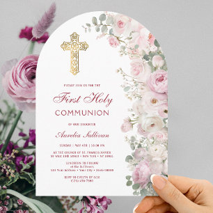 Pale Pink Flowers Arch First Communion Invitation