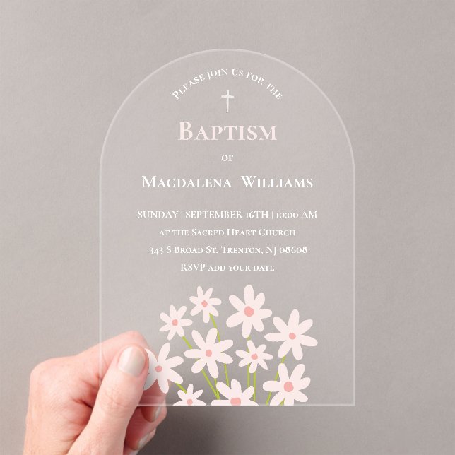 pale pink flowers Baptism Acrylic Invitations (Insitu (Handheld))