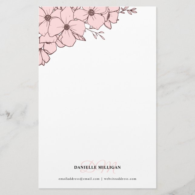 Pale Pink Flowers Name Monogram Website Stationery (Front)