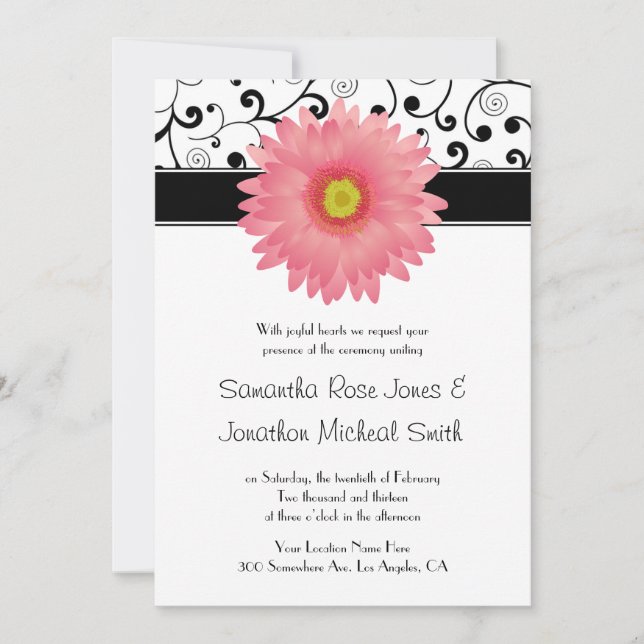 Pale Pink Gerbera Daisy Scroll Design Wedding Invitation (Front)