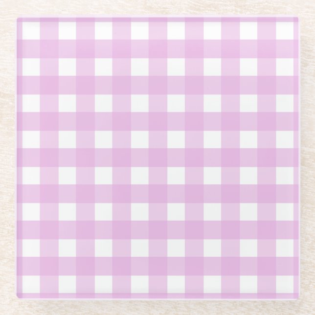 Pale pink gingham glass coaster (Front)